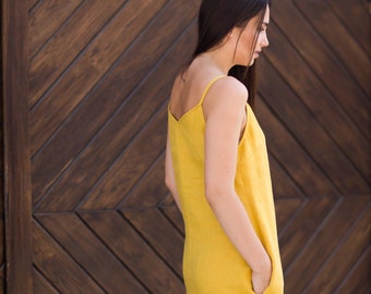 Slip dress, linen dress, cami dress, summer dress, shift dress, minimalist, long linen dress, yellow dress, linen tunic, AURORA dress