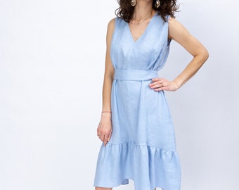 Light blue linen dress, midi dress, linen tunic, summer linen dress, linen clothing, dresses for woman, a line VANDA dress
