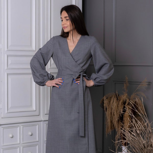 Robe en laine, robe enveloppante, robe à manches bouffantes, robe kimono midi, robe de bureau, robe d’hiver, robes français, robe ELLA