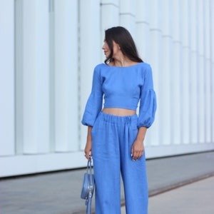 Two piece set woman, linen palazzo pants, linen crop top, linen set, holiday clothing, 90s clothing, EGLE linen top, NERINGA linen pants