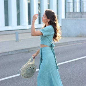 Two piece set women, wrap top, wrap skirt, linen set, skirt and crop top set, linen clothing set MOLLY and KIM