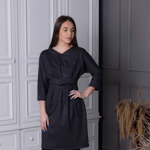 charcoal grey casual dress Wool dress, minimalist dress, dark dress, dress, 3/4 sleeve dress, gift for her, with wide belt, OLIVIA dress V neck