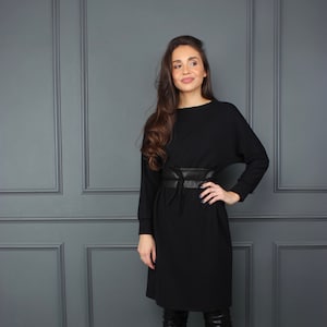 Casual black dress, black dresses for women, little black dress, long sleeve dress, winter minimalist dress, wide belt OLIVIA dress image 1