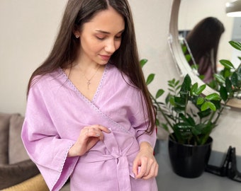 Lilac linen robe with laces, midi kimono robe, bath robe, long robe, bridal robe, cotton lace robe NINA, loungewear, gift for her,