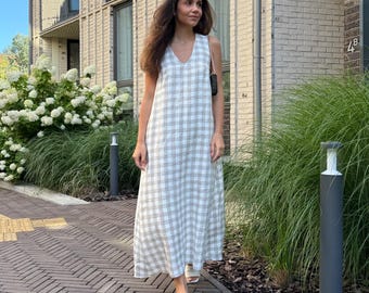 Long linen summer dress, check print dress, sleeveless dress, dresses for women, boho dress, maxi dress, linen clothing, KAMILE maxi dress