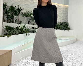 Plaid skirt, gray skirt, wool skirt, boho skirt, aline skirt, knee length skirt, formal skirt, elegant AMBER skirt, minimalist, spring