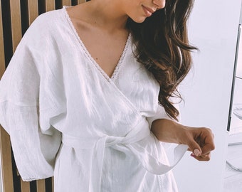 White linen robe with laces, wrap kimono robe, gift for her, bridal robe, bridesmaid robe, loungewear, bride wedding robe, NINA robe