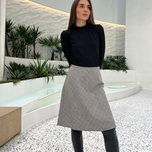 Plaid skirt, gray skirt, wool skirt, boho skirt, aline skirt, knee length skirt, formal skirt, elegant AMBER skirt, minimalist, spring image 1