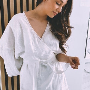 White linen robe with laces, wrap kimono robe, gift for her, bridal robe, bridesmaid robe, loungewear, bride wedding robe, NINA robe