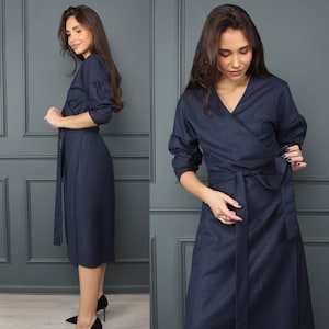 Wrap Blue Wool Dress, Long Puff Sleeve Dress, Midi Kimono Dress, Office ...