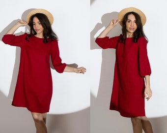 Robe en lin à manches bouffantes, robe courte, robe d'été, robe rouge, mini robe, robe de plage, robe d'invité de mariage, robe NORA simple