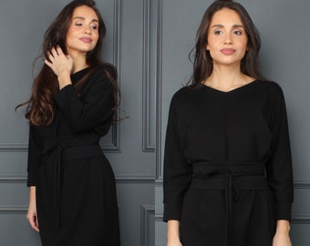 Vestido negro minimalista, vestidos negros para mujer, vestido corto, vestido de manga larga, regalo para ella, vestido OLIVIA con cinturón ancho