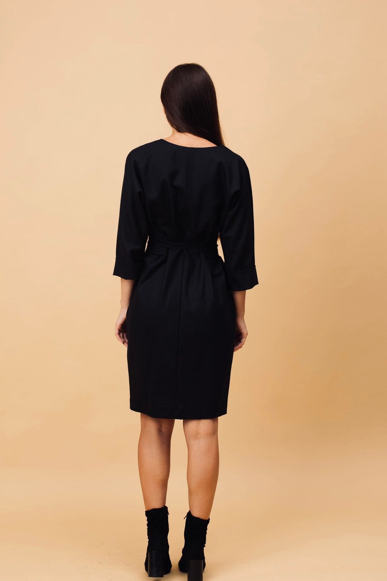 Black wool kimono dress, midi dress, wide belt dress, elegant winter dress, minimalist formal dress, casual OLIVIA dress image 7