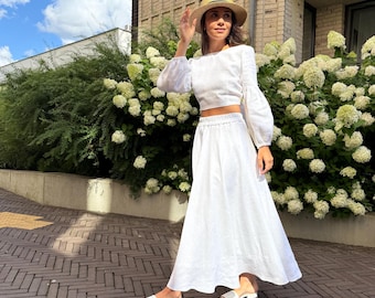 Linen maxi skirt, white long skirt, womens linen skirt, flowy, boho, cottage core, summer skirt, natural clothing, half sun skirt VENEZIA