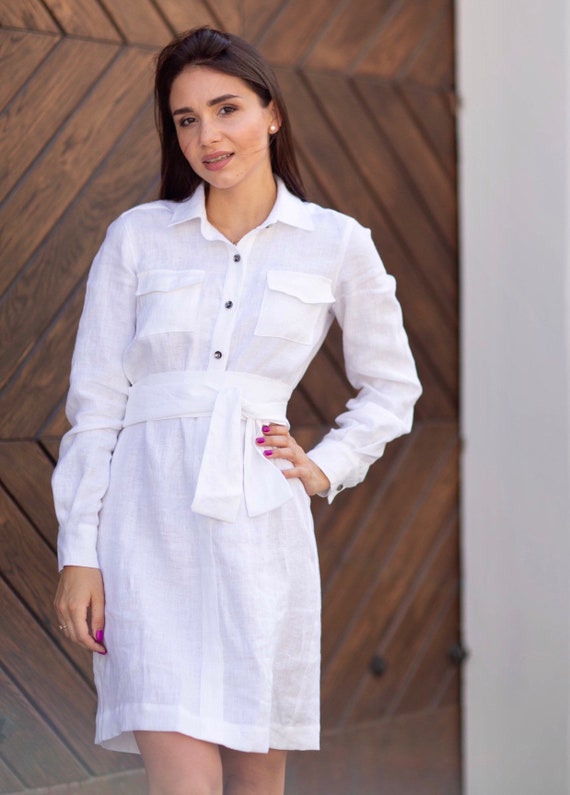 white linen shirt dress long