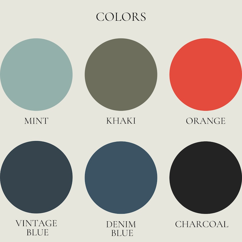 K&ouml;nnte beinhalten: Farbpalette mit sechs kreisf&ouml;rmigen Farbfeldern. Die Farben sind Mint, Khaki, Orange, Vintage-Blau, Jeansblau und Holzkohle. Das Wort &bdquo;COLORS&ldquo; steht oben im Bild.
