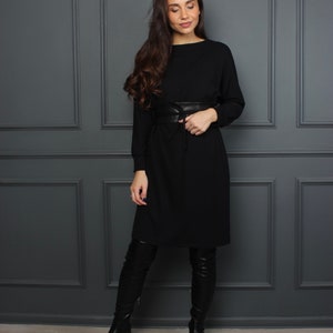 Casual black dress, black dresses for women, little black dress, long sleeve dress, winter minimalist dress, wide belt OLIVIA dress image 5