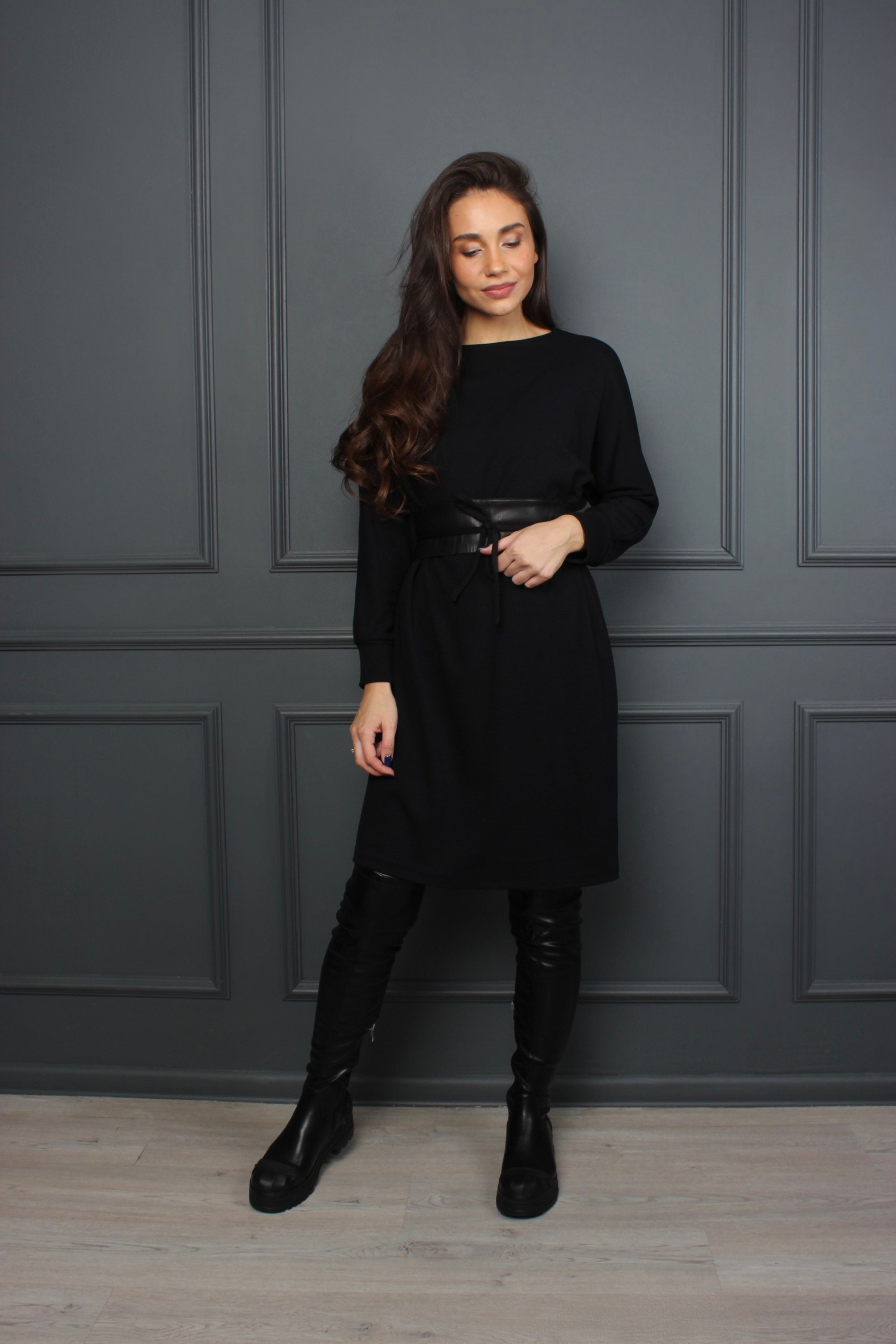Casual Black Dress, Black Dresses for Women, Little Black Dress, Long Sleeve Dress, Winter Minimalist Dress, Wide Belt Olivia Dress
