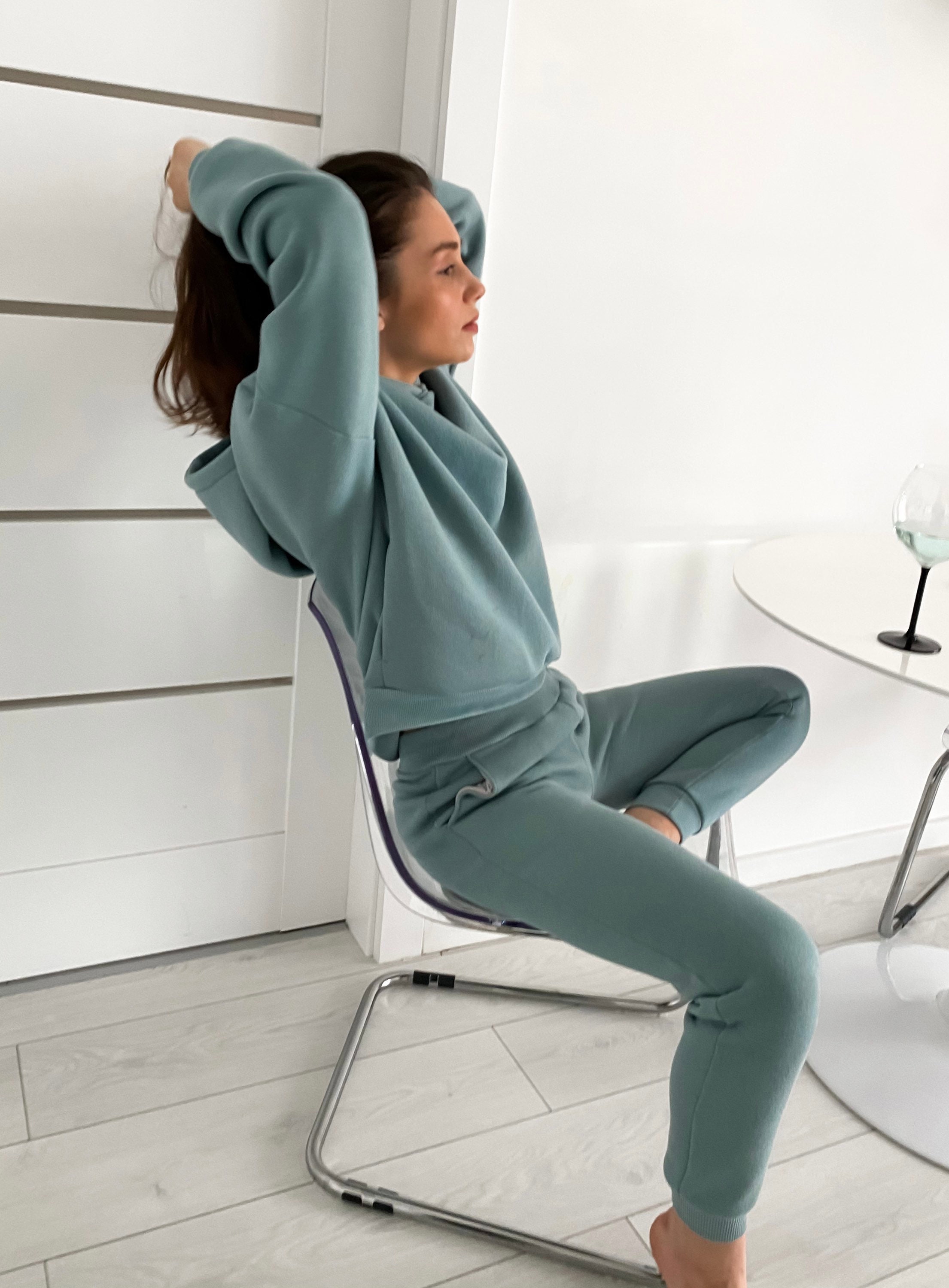 Sage Green Two Piece Tracksuit Set for Women, Women Activewear