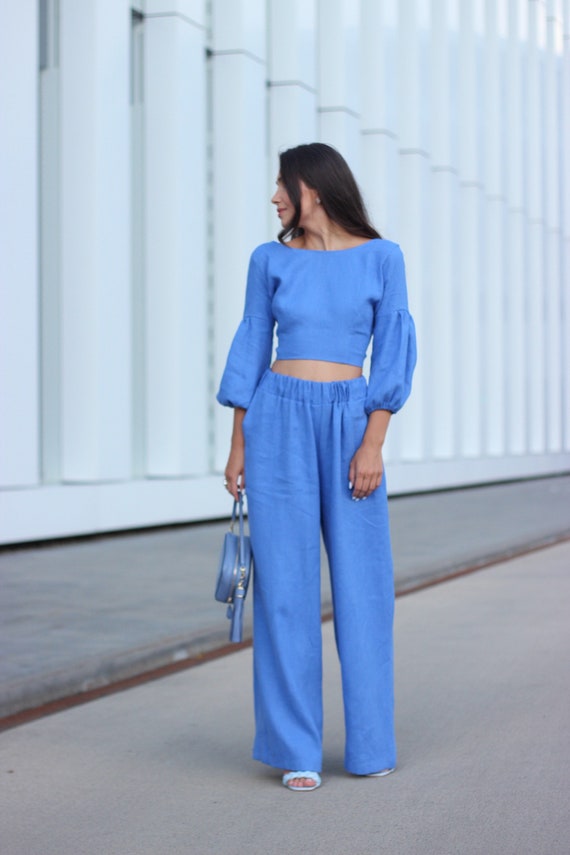 Conjunto dos piezas mujer, pantalón palazzo de lino, crop top de lino, set  de lino, ropa de vacaciones, ropa años 90, top de lino EGLE, pantalón de  lino NERINGA -  España