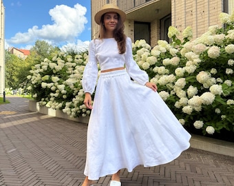 White linen set, linen two-piece set, linen skirt and top set, summer linen outfit, linen clothing set ARIELA and VENEZIA