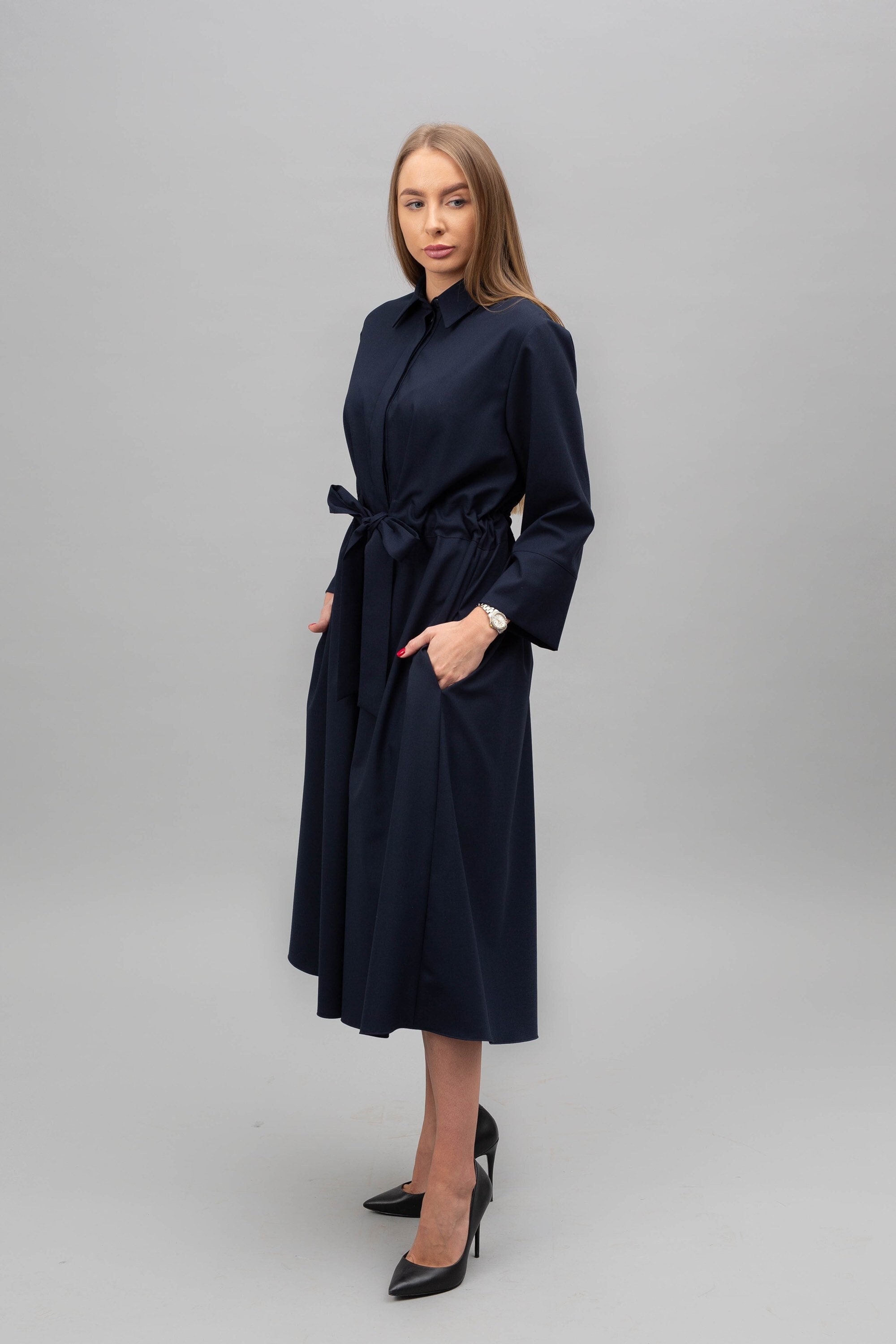 Navy Blue Wool Dress Fit and Flare 