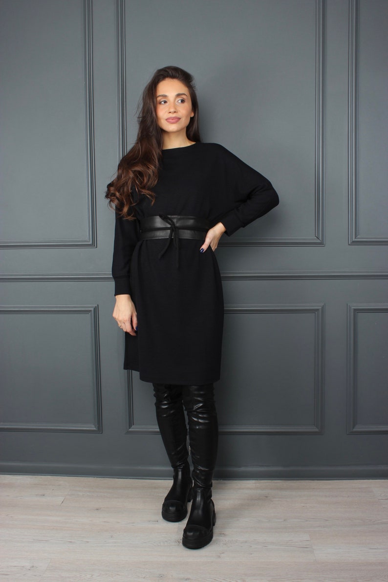 Casual black dress, black dresses for women, little black dress, long sleeve dress, winter minimalist dress, wide belt OLIVIA dress image 7