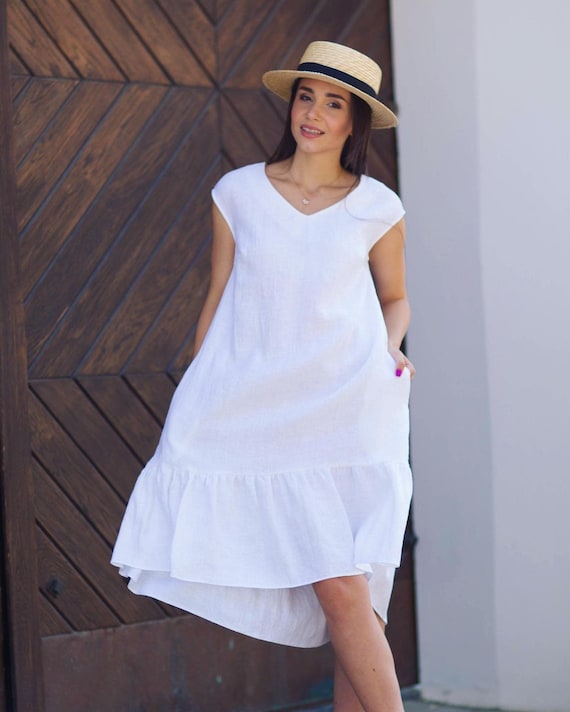 navy blue dress for baby girl Maxi linen dress AGRA in White main image 1