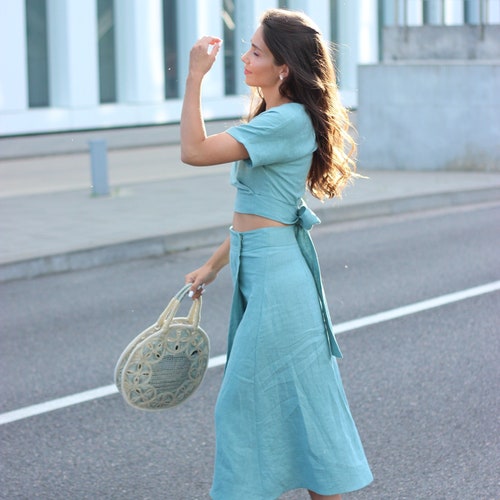 Two Piece Set Women Wrap Top Wrap Skirt Linen Set Skirt - Etsy