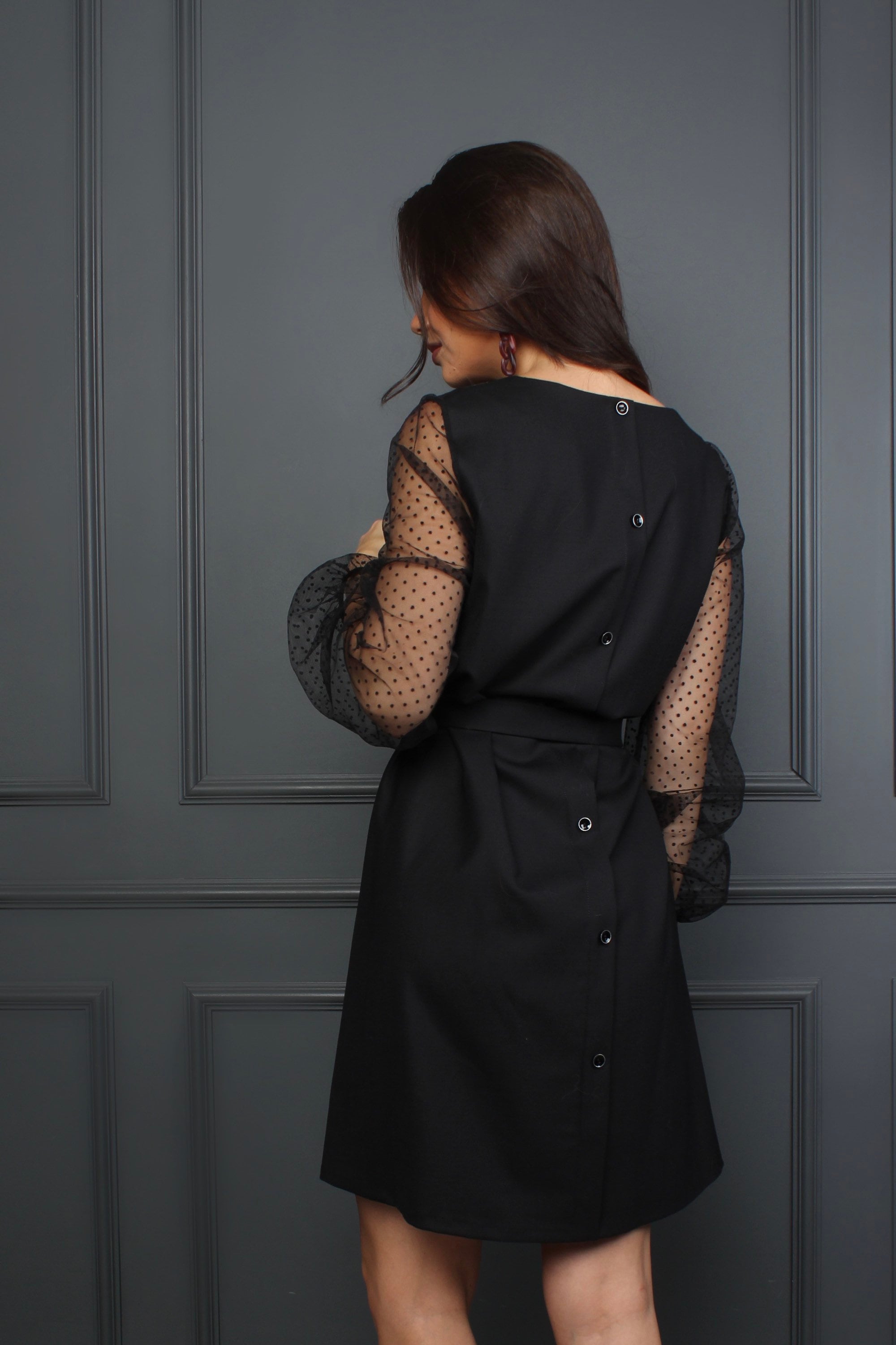 Little Black dress, wool mini dress, party dress, cocktail evening dress, long puffy sleeve dress, romantic elegant DINARA dress