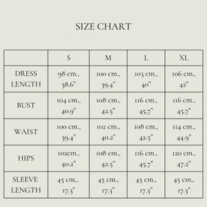 May include: A dress size chart showing measurements in centimetres and inches. The chart details dress length, bust, waist, hips, and sleeve length for sizes S, M, L, and XL. The text "SIZE CHART" is displayed at the top of the image.