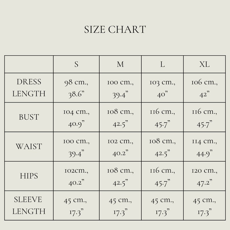 May include: A dress size chart showing measurements in centimetres and inches. The chart details dress length, bust, waist, hips, and sleeve length for sizes S, M, L, and XL. The text "SIZE CHART" is displayed at the top of the image.