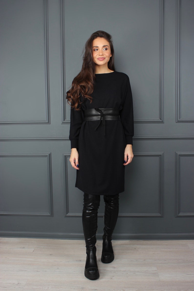Casual black dress, black dresses for women, little black dress, long sleeve dress, winter minimalist dress, wide belt OLIVIA dress image 6