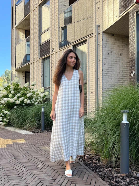 women grey check linen dress White Navy Checked Linen Dress Adel