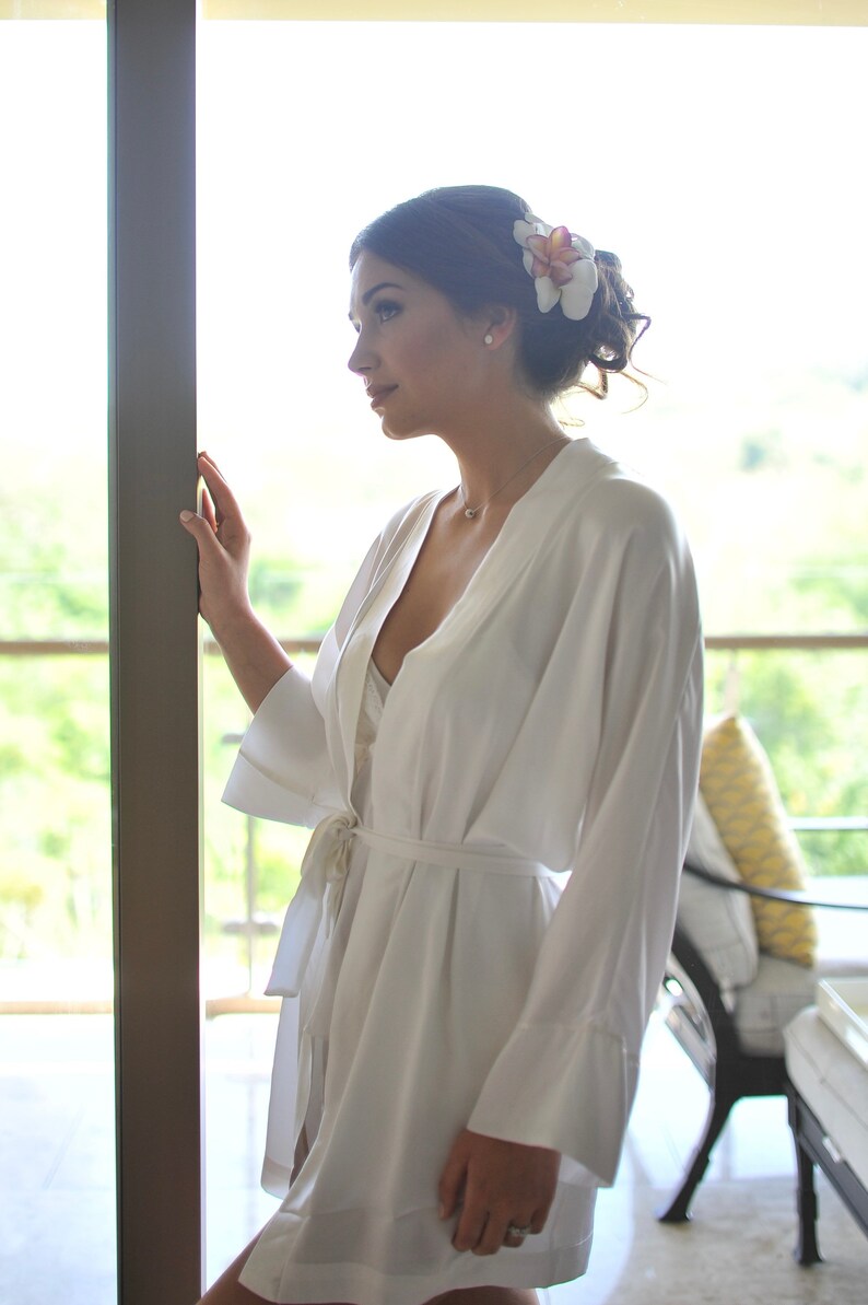 Natural silk bridesmaid robe, white robe, bridal party robes, gifts for her, lounge wear, home gift for women, kimono silk robe. image 9