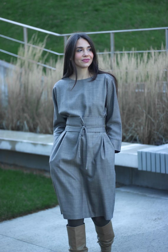Wool dress, wide belt dress, green dress, kimono dress, shift dress, sustainable clothing, womens dresses, OLIVIA dress
