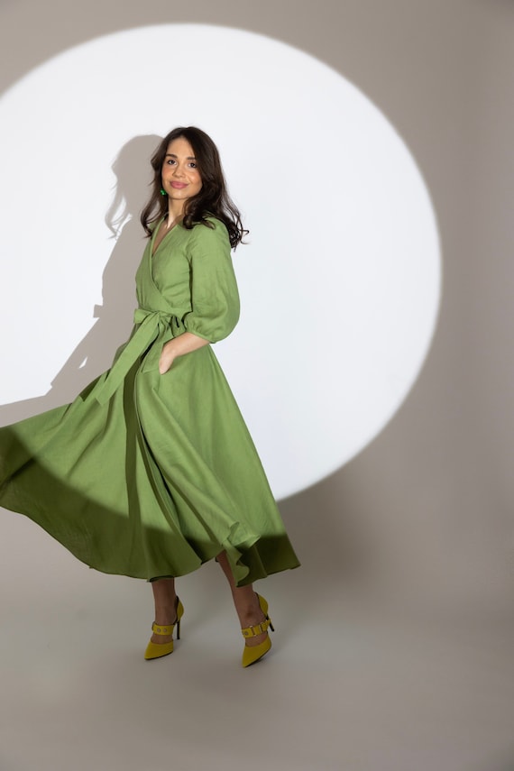 Linen Wrap Dress, Party Dress, Prom Dress, Summer Dress, Midi Dress, Puff Sleeve Dress, Wedding Dress, Boho Dress, Wide Skirt Sharon Dress