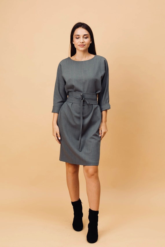 Wool office dress, gray dress, plus size dress, wide belt dress, spring dress, custom dress, formal french OLIVIA dress