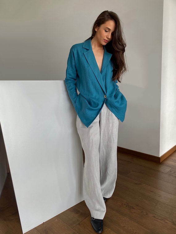 Linen Blazer Women Oversized Blazer Jacket Women Formal Blue Jacket Linen Clothing Summer Blazer Linen Cardigan Womens Blazer CLAIR Etsy