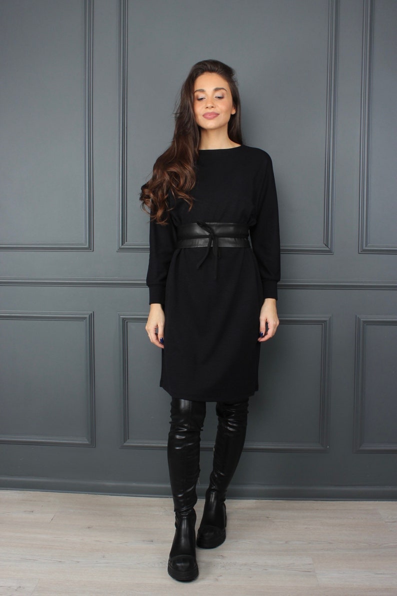 Casual black dress, black dresses for women, little black dress, long sleeve dress, winter minimalist dress, wide belt OLIVIA dress image 2