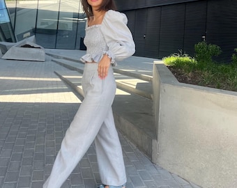 ワイドレッグリネンパンツ、レディースリネンパンツ、ハイウエストリネンパンツ、ハーレムパンツ、パラシュートパンツ、フレアパンツ、LAIMAパンツ、バギーパンツ