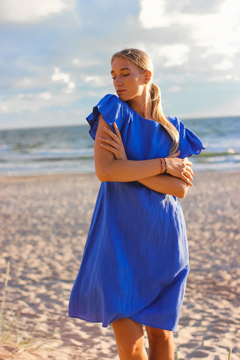 Linen midi dress for women, a-line dress, butterfly sleeves, linen clothing, linen tunic dress, blue summer dress, boho linen NINA dress image 3