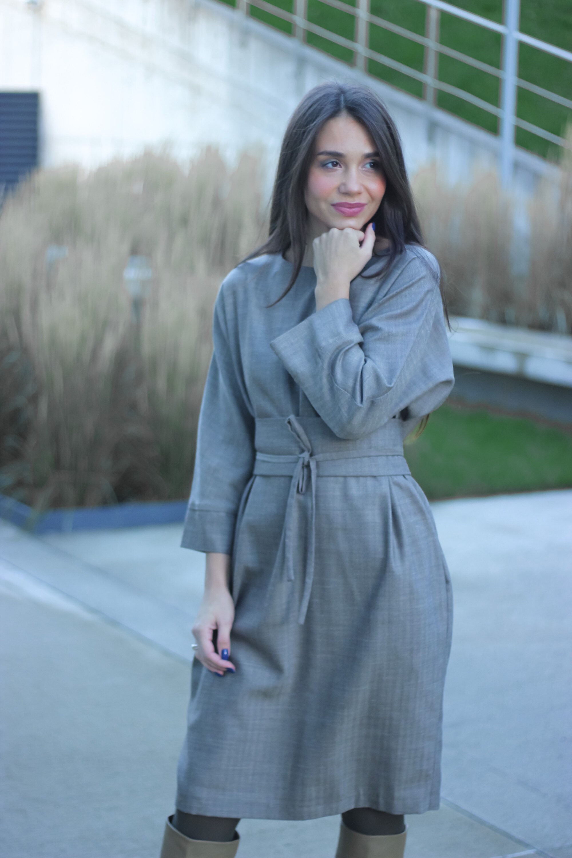 【関税込み】Woolen dress with satin belt and straps Wool Dress, Wide Belt Dress, Green Dress, Kimono Dress