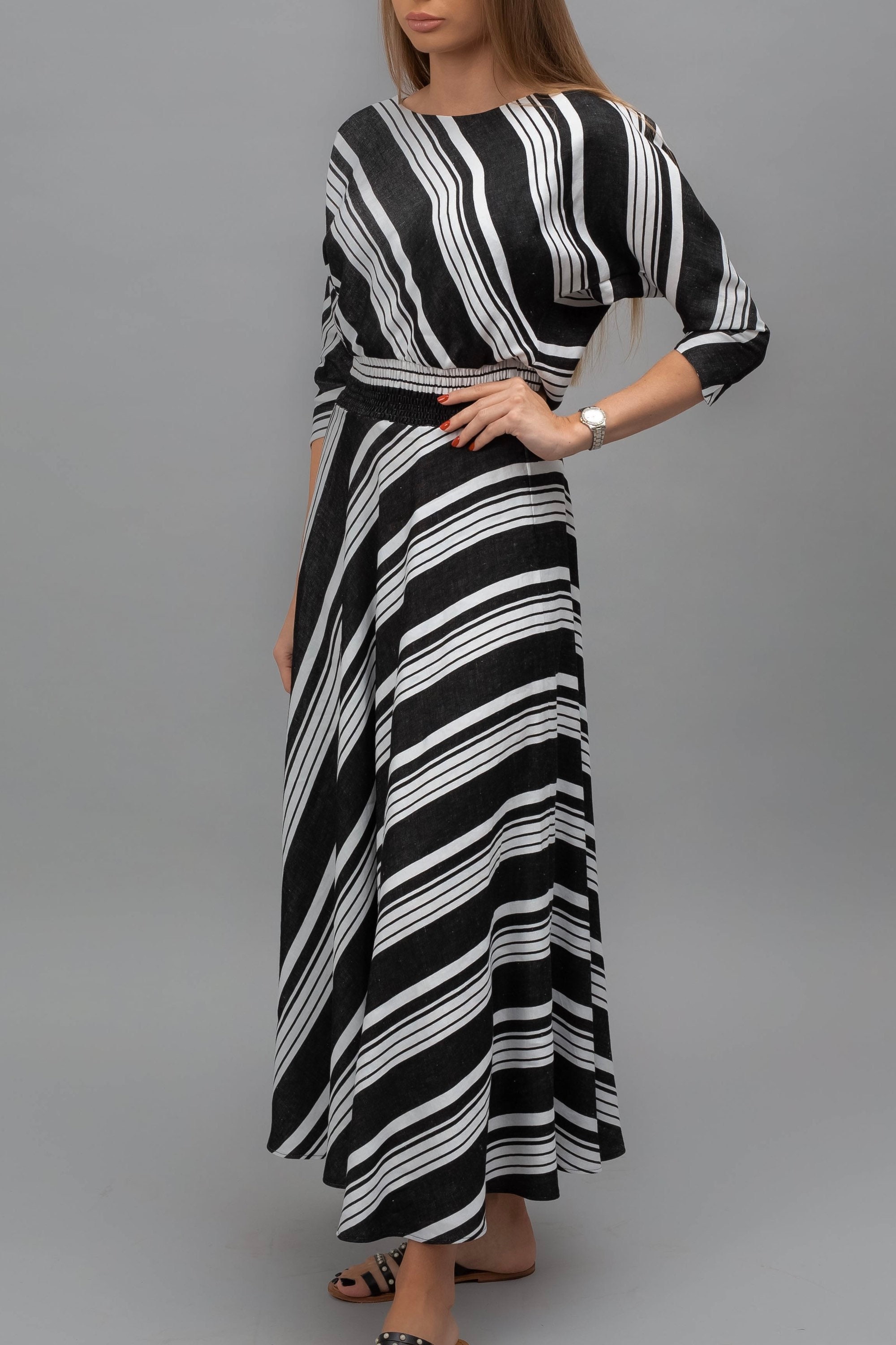 striped Linen Dress, Maxi Boat Neck Summer Clothing, Women's Flowy Long Samantha Dress