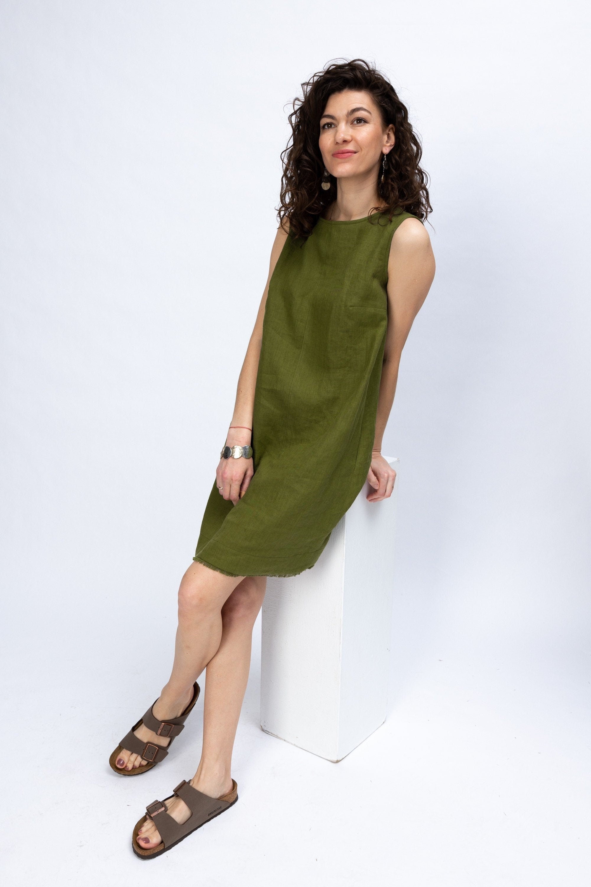 green emerald velvet dress Dark green Linen Shirt Dress main image 1