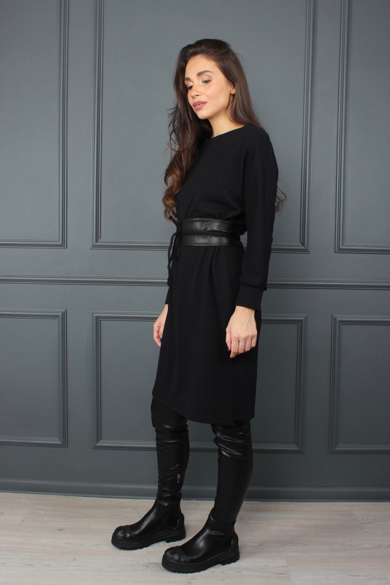 Casual black dress, black dresses for women, little black dress, long sleeve dress, winter minimalist dress, wide belt OLIVIA dress image 3