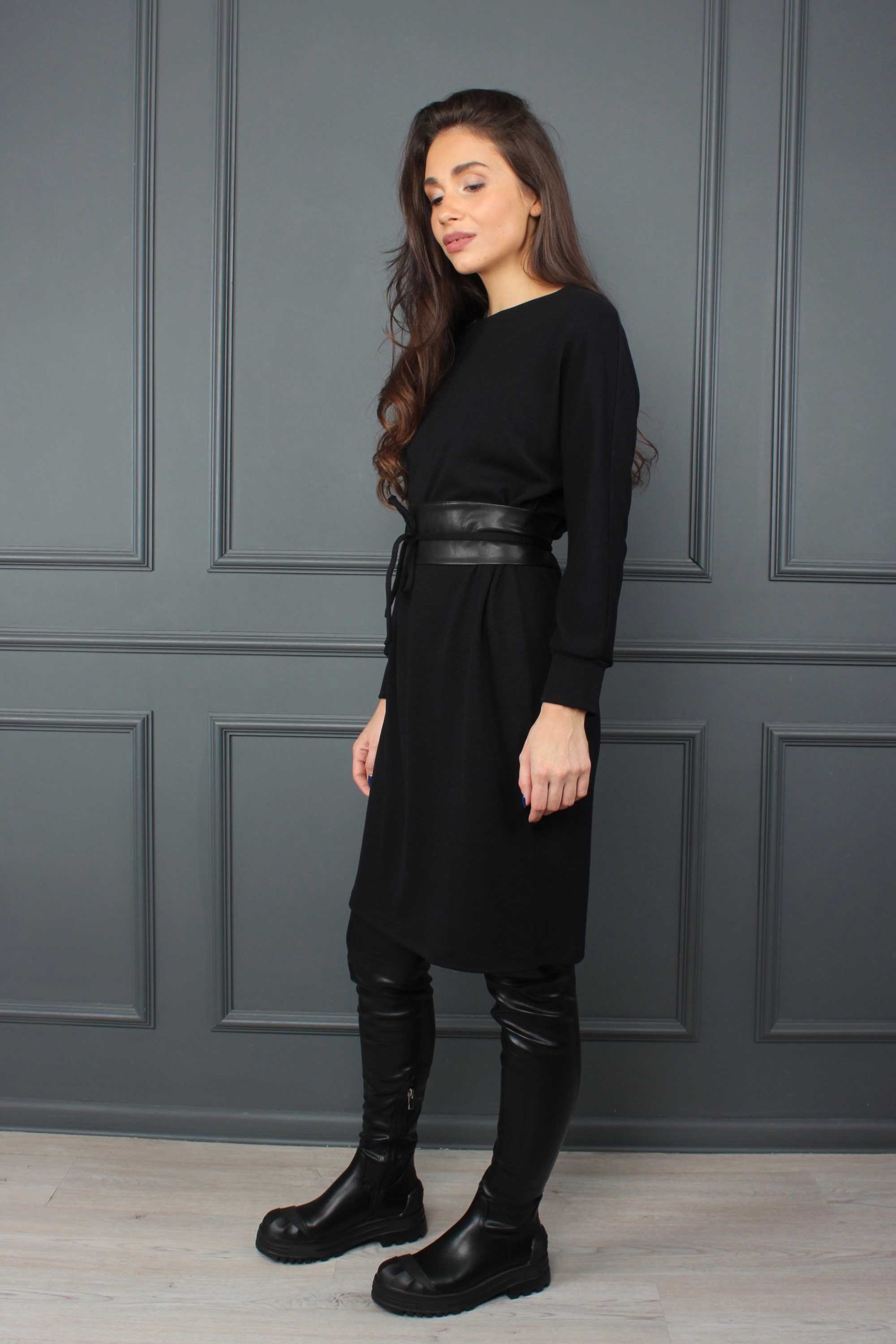 Casual Black dress, Black dresses for women, little Black dress, long sleeve dress, winter minimalist dress, wide belt OLIVIA dress