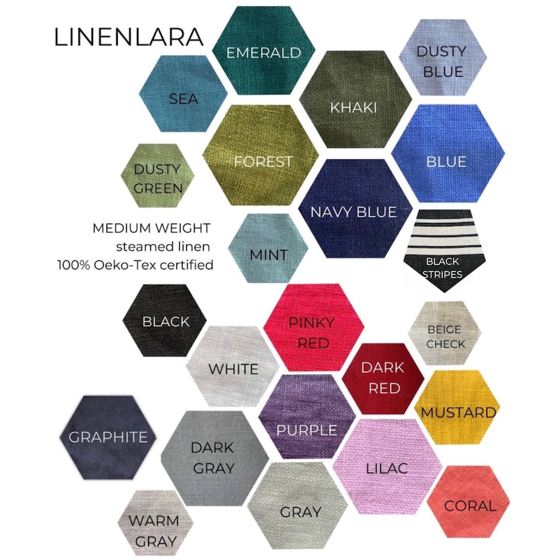 K&ouml;nnte beinhalten: Eine Farbkarte von Linenlara mit sechseckigen Stoffmustern in Farben wie Smaragd, Khaki und Lila. Der Text lautet: "Medium weight steamed linen 100% Oeko-Tex certified".