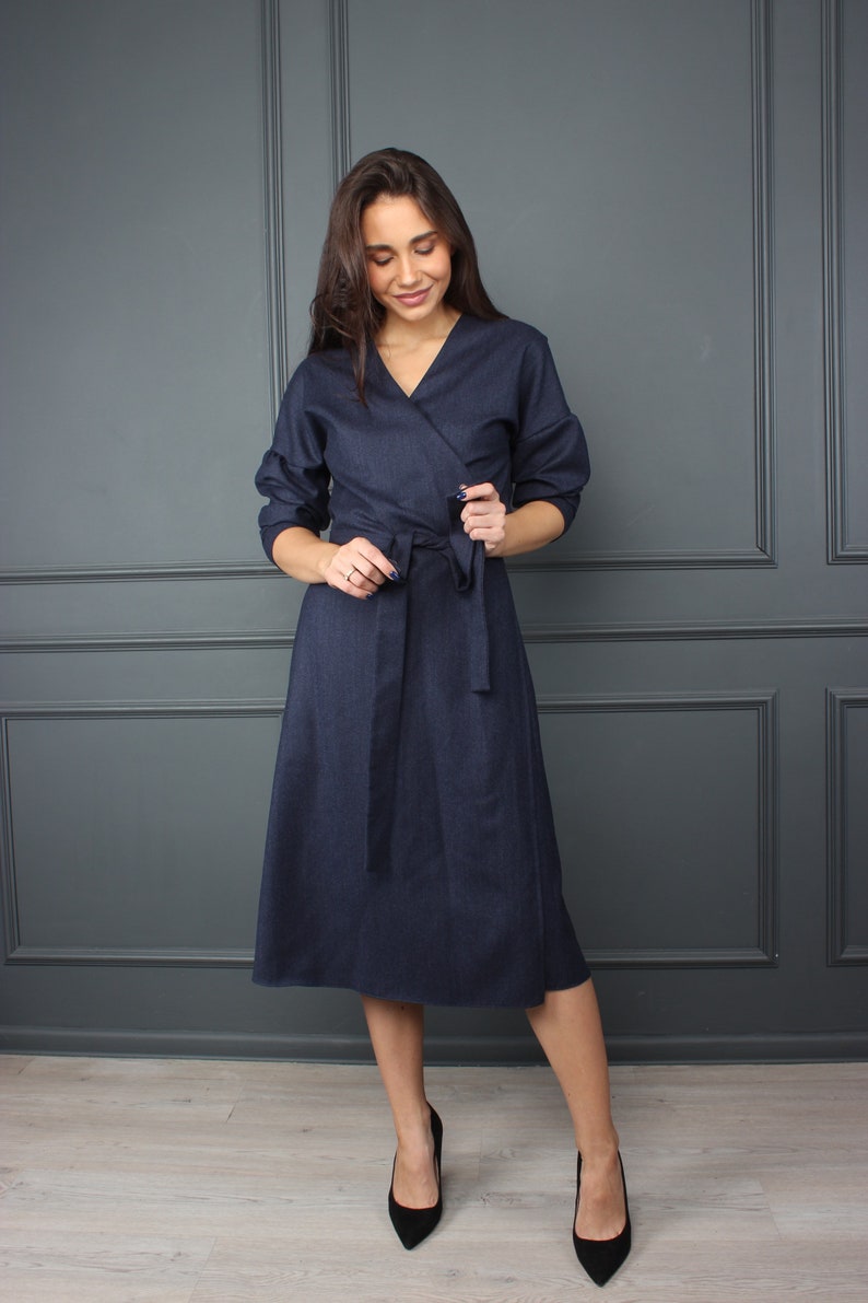 Wrap Blue Wool Dress Long Puff Sleeve Dress Midi Kimono | Etsy