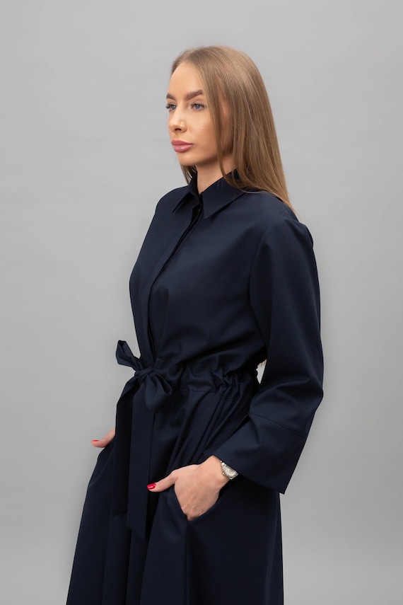 collared navy blue dress SSYS Collared Puff Short Sleeve Air Dress In Navy